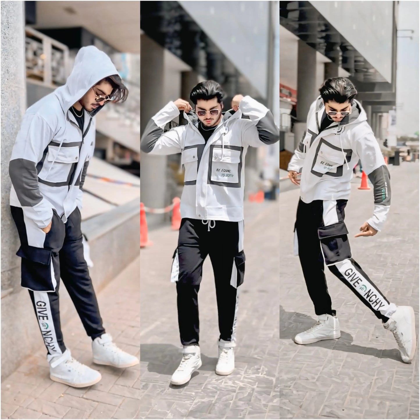 Stylish Cargo Front Double Pocket Winter Tracksuit (White) (Hoodie + Trouser)