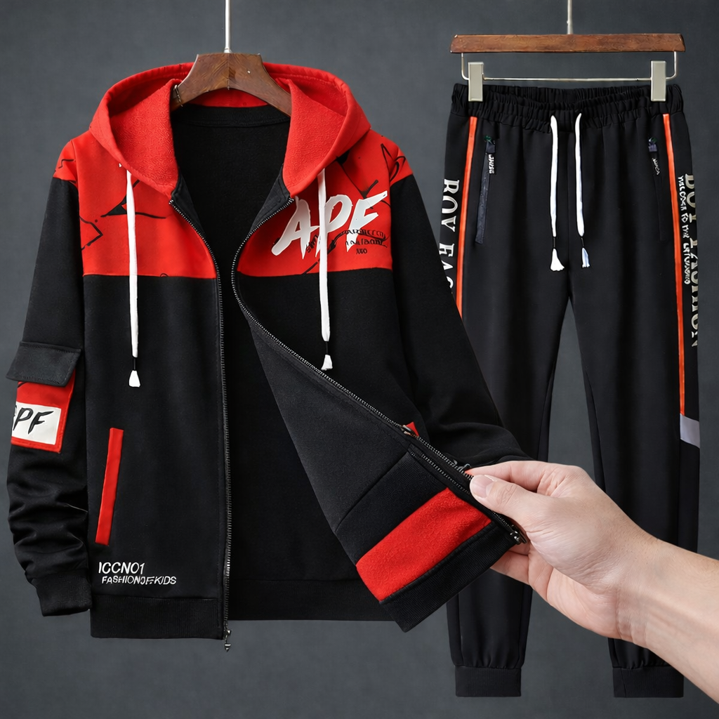 APF Red & Black Stylish Winter Tracksuit (2 PCS Hoodie+Trouser)