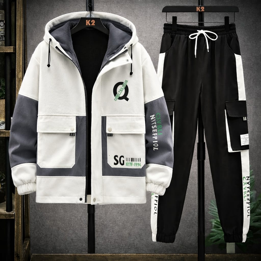 Stylish Cargo Front Double Pocket Winter Tracksuit (White) (Hoodie + Trouser)