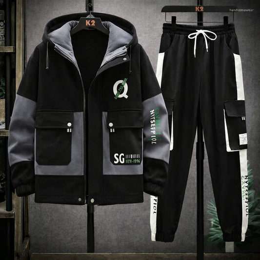 Stylish Cargo Front Double Pocket Winter Tracksuit (BLACK) (Hoodie+Trouser)