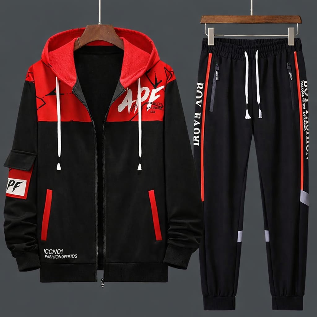 APF Red & Black Stylish Winter Tracksuit (2 PCS Hoodie+Trouser)