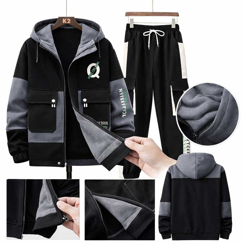 Stylish Cargo Front Double Pocket Winter Tracksuit (BLACK) (Hoodie+Trouser)