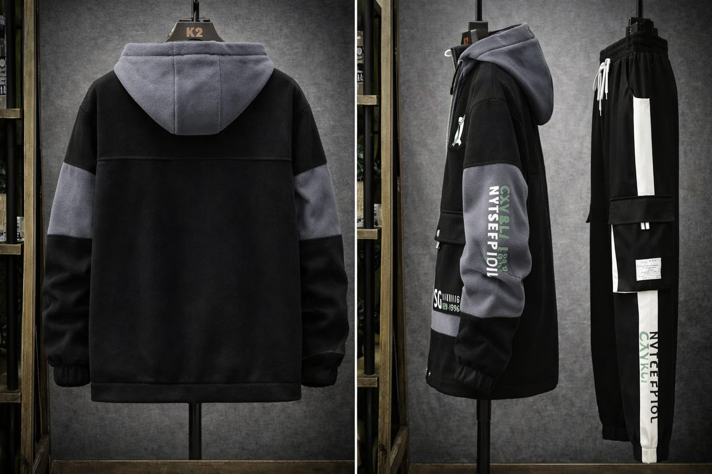 Stylish Cargo Front Double Pocket Winter Tracksuit (BLACK) (Hoodie+Trouser)