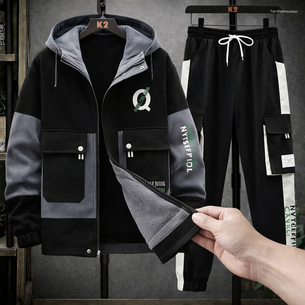 Stylish Cargo Front Double Pocket Winter Tracksuit (BLACK) (Hoodie+Trouser)